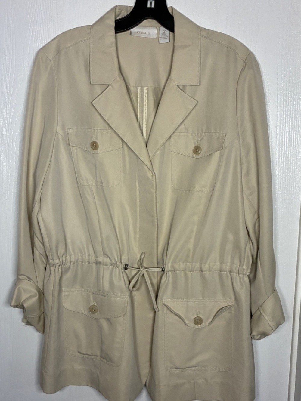 Chico’s Safari Utility Jacket Womens Size 2 Tan Drawstring Waist Lightweight